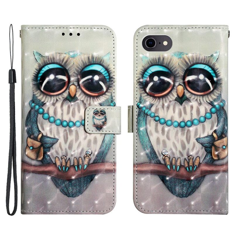 Nahkakotelo iPhone SE 3 / SE 2 / 8 / 7 Suojaketju Kuori Miss Owl Hihnassa