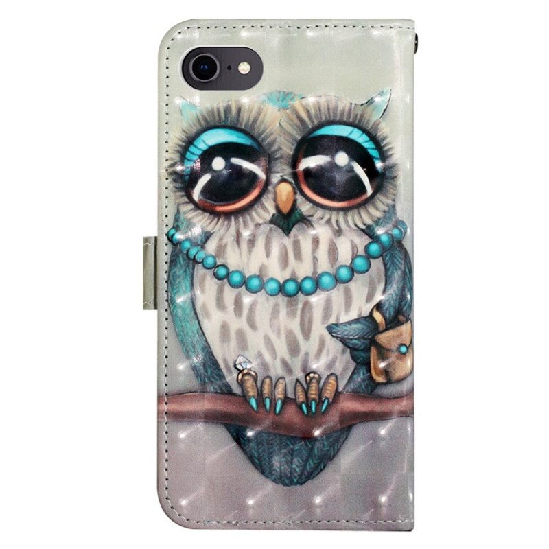 Nahkakotelo iPhone SE 3 / SE 2 / 8 / 7 Suojaketju Kuori Miss Owl Hihnassa