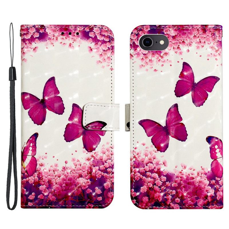 Nahkakotelo iPhone SE 3 / SE 2 / 8 / 7 Suojaketju Kuori Thong Butterflies