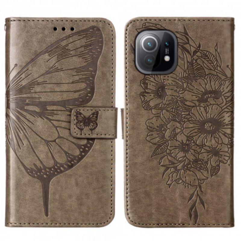 Nahkakotelo Xiaomi Mi 11 5G Butterfly Design Kaulanauhalla