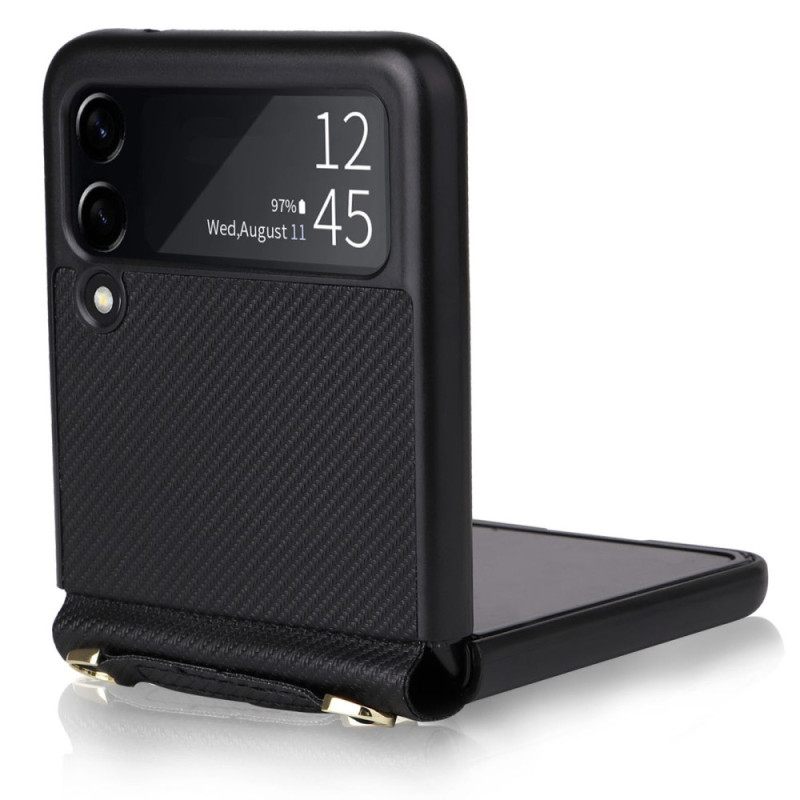 Kuori Samsung Galaxy Z Flip 4 Kotelot Flip Carbon Fiber Texture Nahkaefekti Hihnalla