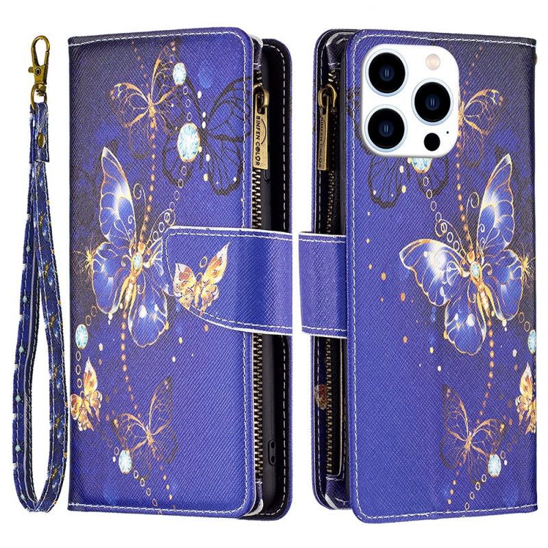 Kotelot iPhone 16 Pro Max Purple Butterflies -lompakko Hihnalla