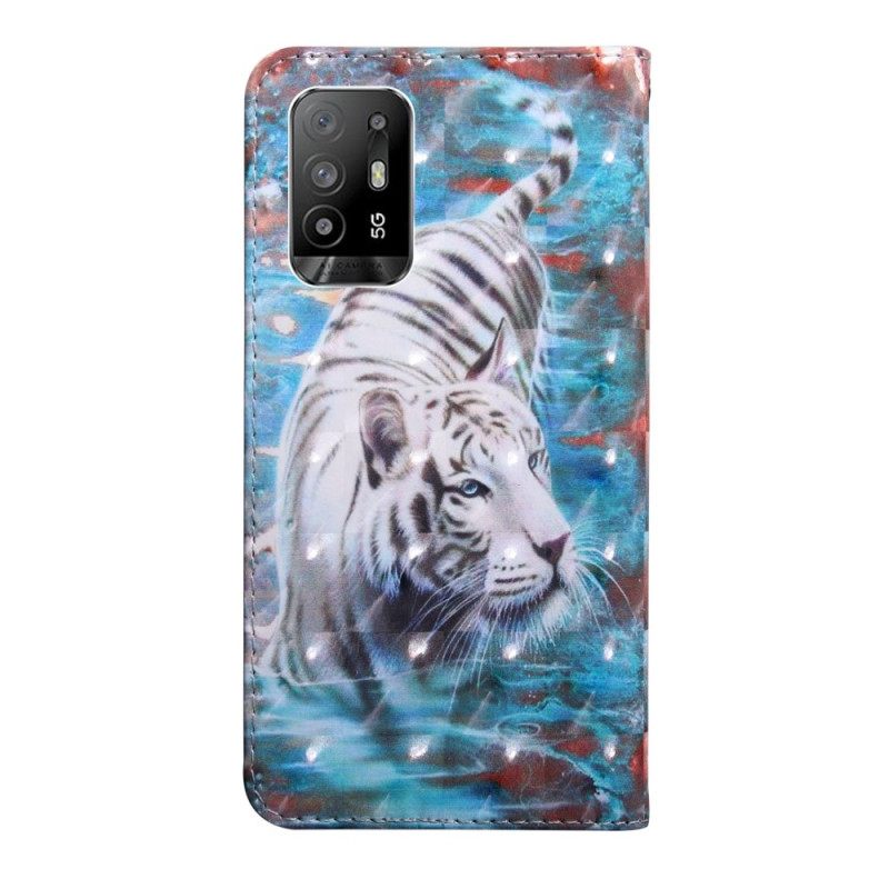 Nahkakotelo Oppo A94 5G Faux Leather Tiger Kaulanauhalla