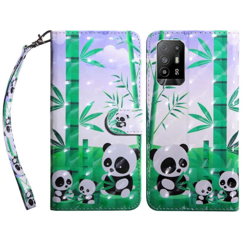 Nahkakotelo Oppo A94 5G Panda Kaulanauhalla