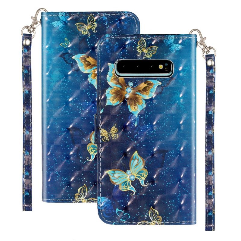 Flip Case Samsung Galaxy S10 Plus Golden Butterflies Lanyard