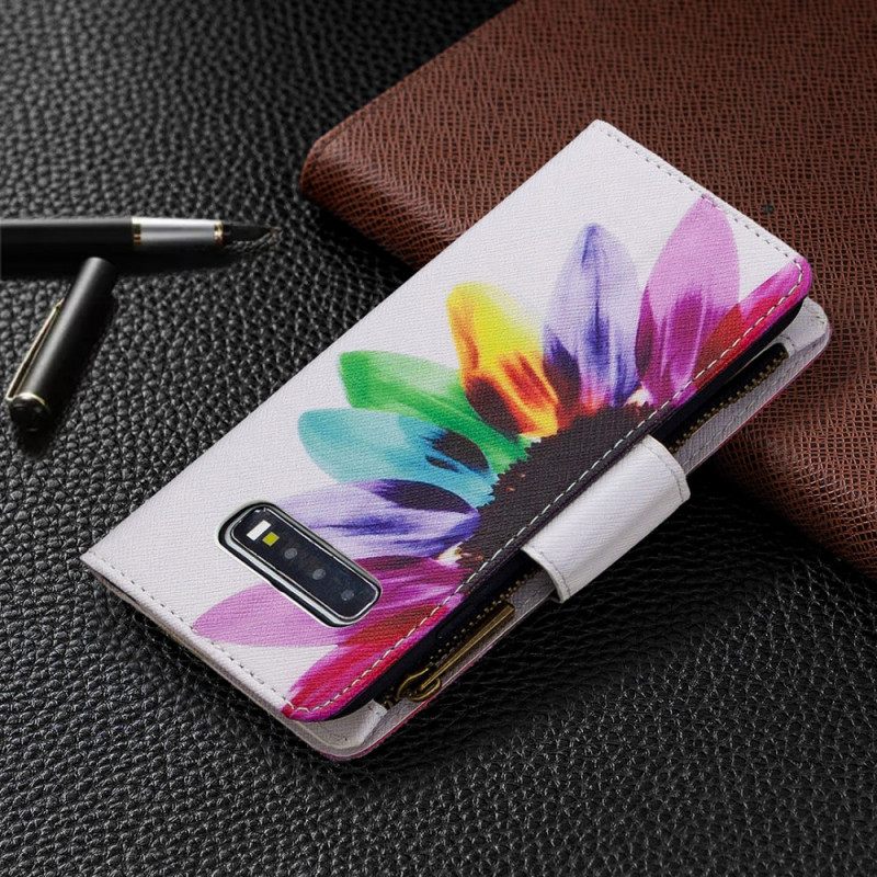 Nahkakotelo Samsung Galaxy S10 Plus Flower Vetoketjullinen Tasku