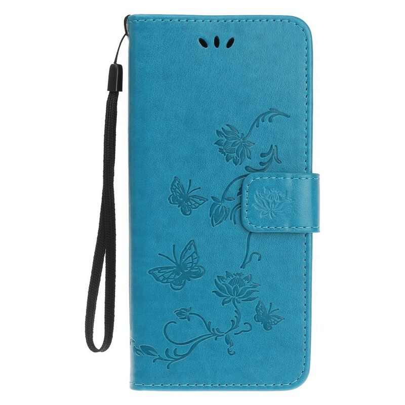 Flip Case iPhone 13 Mini Suojaketju Kuori Butterflies And Flowers Strap