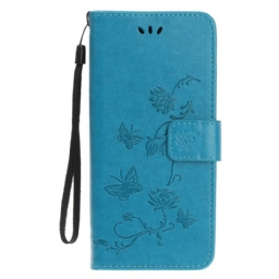 Flip Case iPhone 13 Mini Suojaketju Kuori Butterflies And Flowers Strap