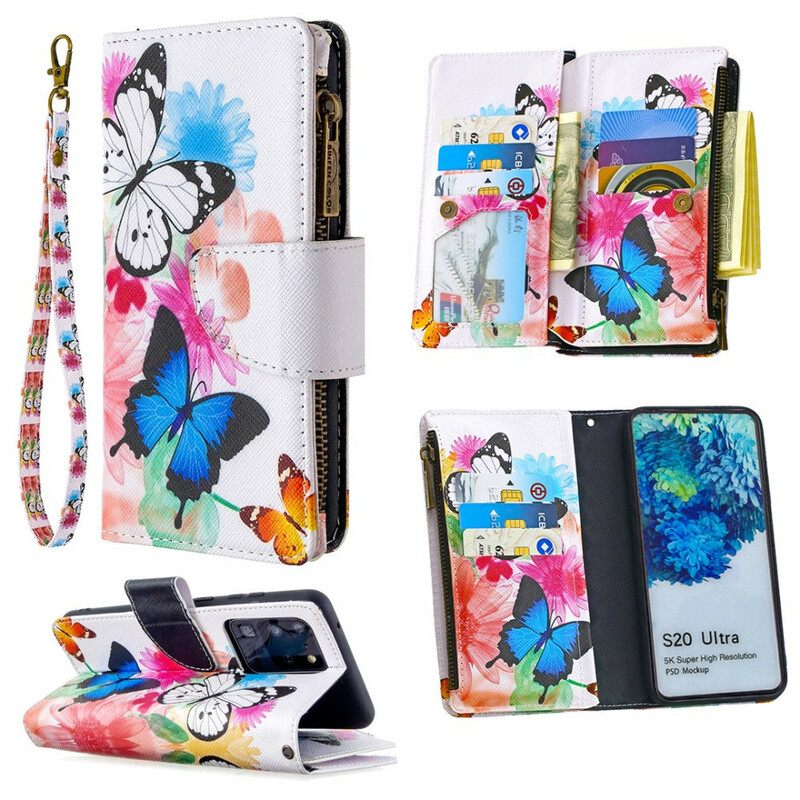 Nahkakotelo Samsung Galaxy S20 Ultra Butterflies Vetoketjullinen Tasku