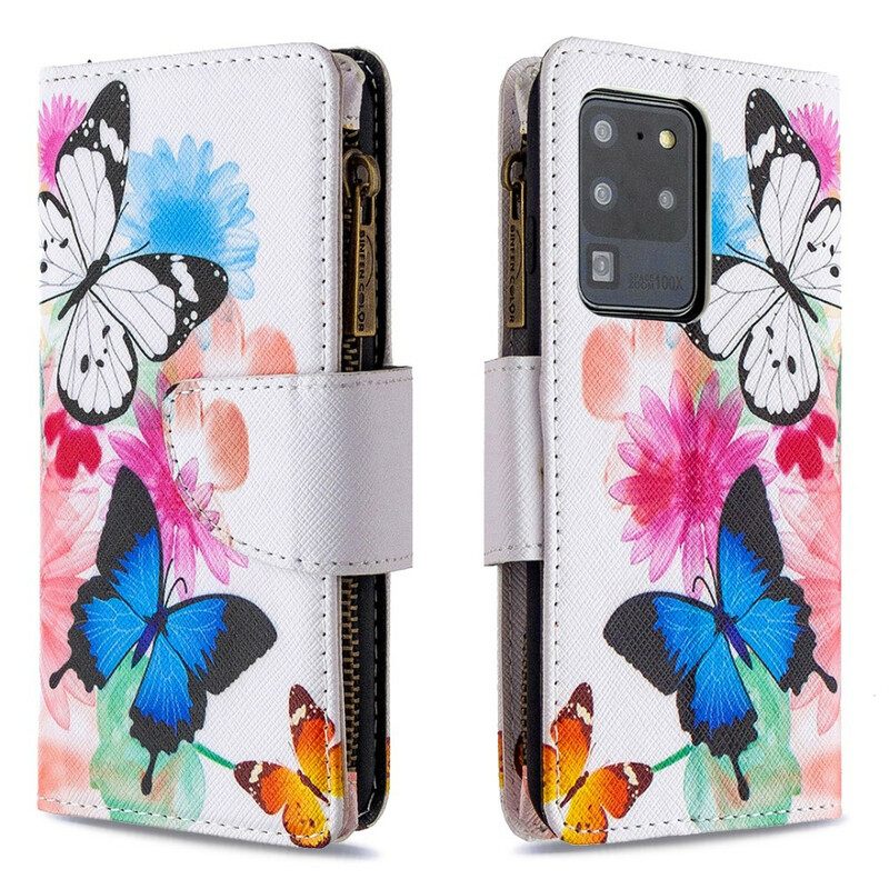 Nahkakotelo Samsung Galaxy S20 Ultra Butterflies Vetoketjullinen Tasku