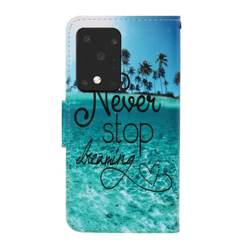 Nahkakotelo Samsung Galaxy S20 Ultra Suojaketju Kuori Never Stop Dreaming Navy Strappy