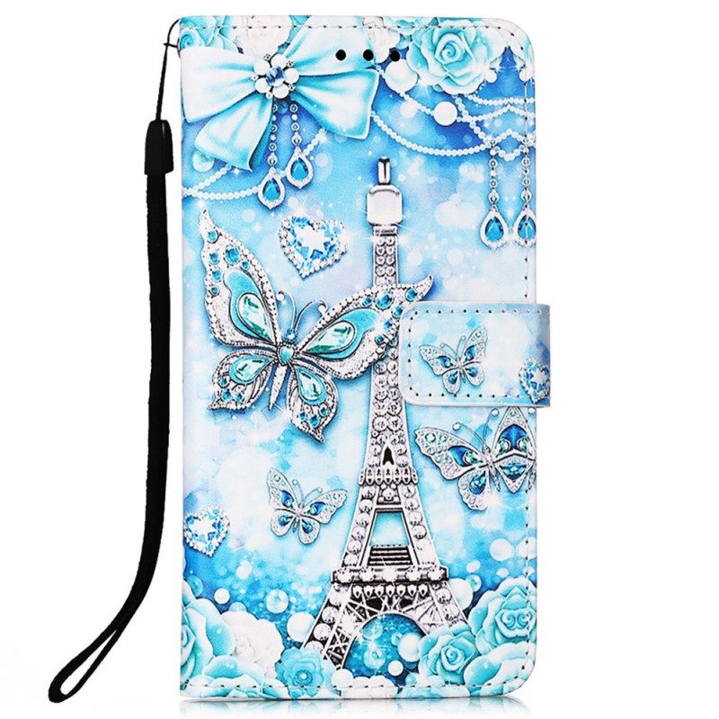 Flip Case Samsung Galaxy A53 5G Suojaketju Kuori Eiffel-tornin Perhoset Kaulanauhalla