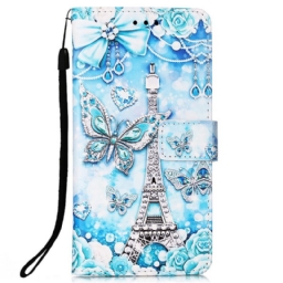 Flip Case Samsung Galaxy A53 5G Suojaketju Kuori Eiffel-tornin Perhoset Kaulanauhalla