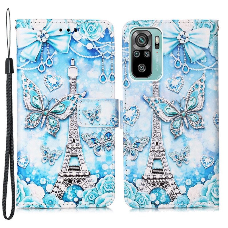 Flip Case Samsung Galaxy A53 5G Suojaketju Kuori Eiffel-tornin Perhoset Kaulanauhalla