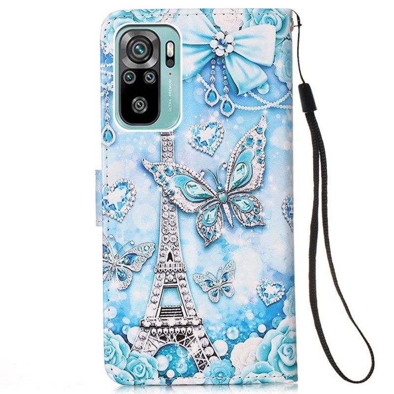 Flip Case Samsung Galaxy A53 5G Suojaketju Kuori Eiffel-tornin Perhoset Kaulanauhalla