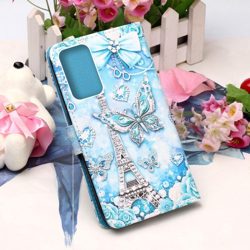 Flip Case Samsung Galaxy A53 5G Suojaketju Kuori Eiffel-tornin Perhoset Kaulanauhalla