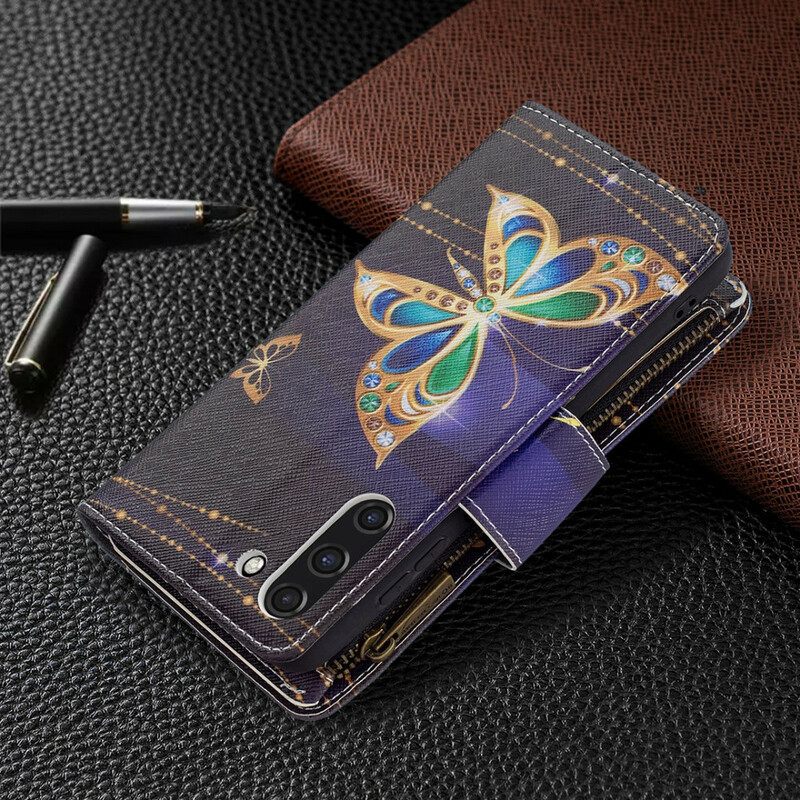 Flip Case Samsung Galaxy S21 FE Butterflies Vetoketjullinen Tasku