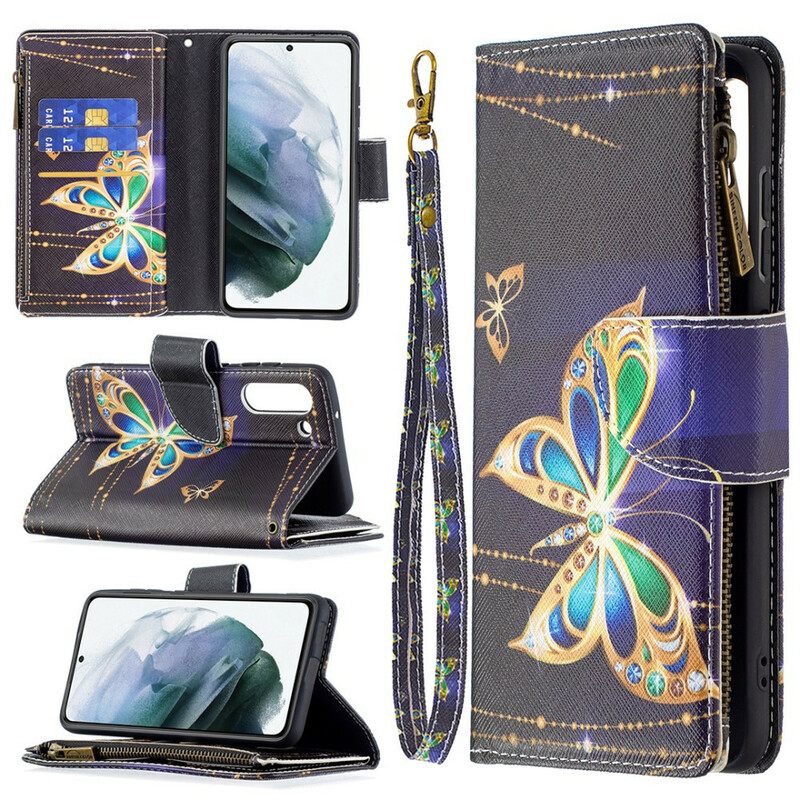 Flip Case Samsung Galaxy S21 FE Butterflies Vetoketjullinen Tasku