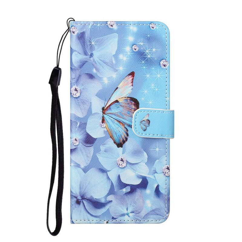 Flip Case Samsung Galaxy S21 FE Suojaketju Kuori Diamond Butterflies Hihnalla