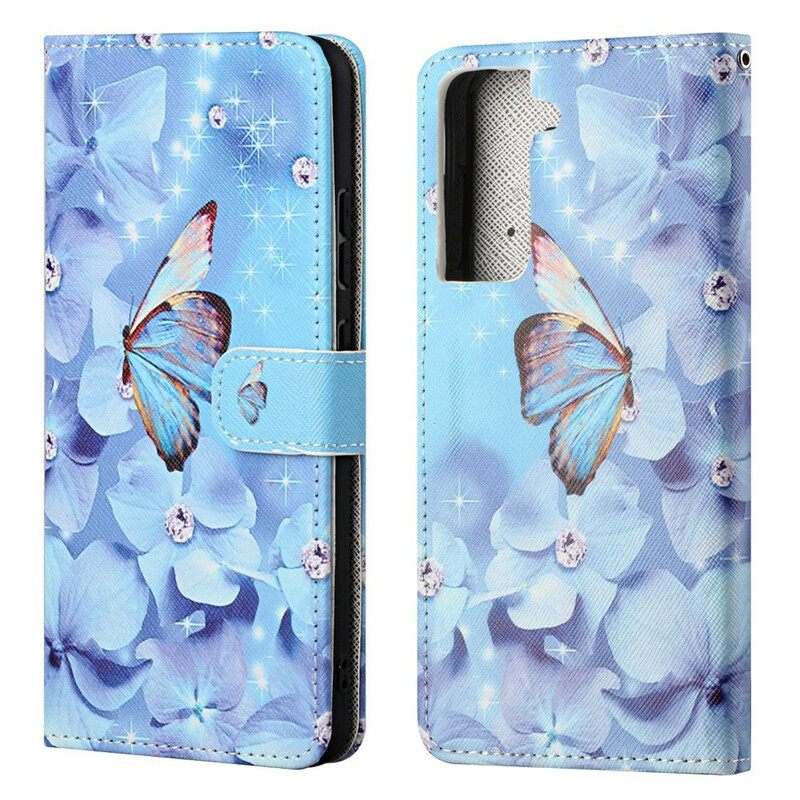 Flip Case Samsung Galaxy S21 FE Suojaketju Kuori Diamond Butterflies Hihnalla