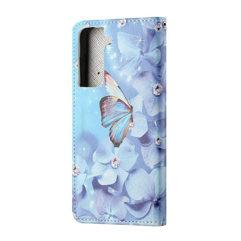 Flip Case Samsung Galaxy S21 FE Suojaketju Kuori Diamond Butterflies Hihnalla