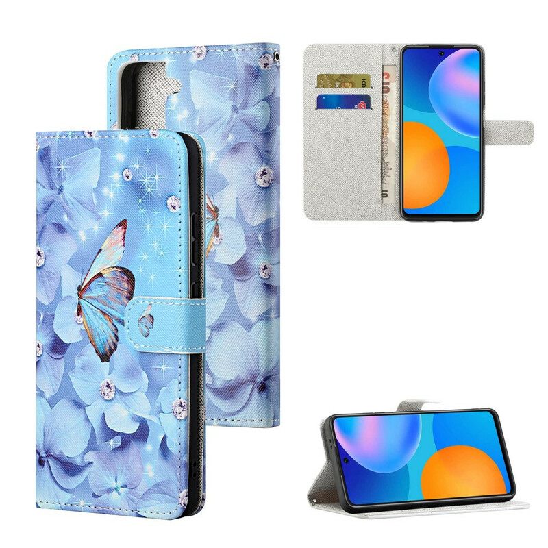 Flip Case Samsung Galaxy S21 FE Suojaketju Kuori Diamond Butterflies Hihnalla