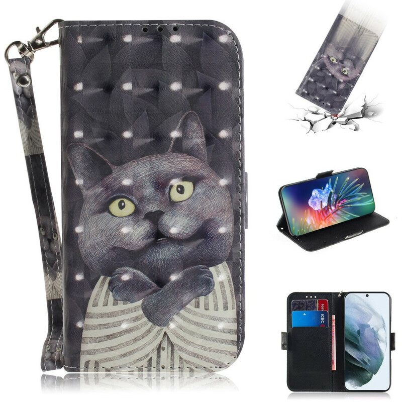 Flip Case Samsung Galaxy S21 FE Suojaketju Kuori Grey Thong Cat