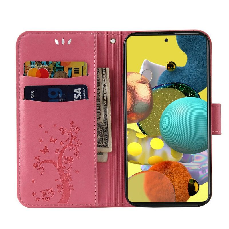 Flip Case Samsung Galaxy A51 5G Suojaketju Kuori Puu Ja Kissa Kaulahelmillä