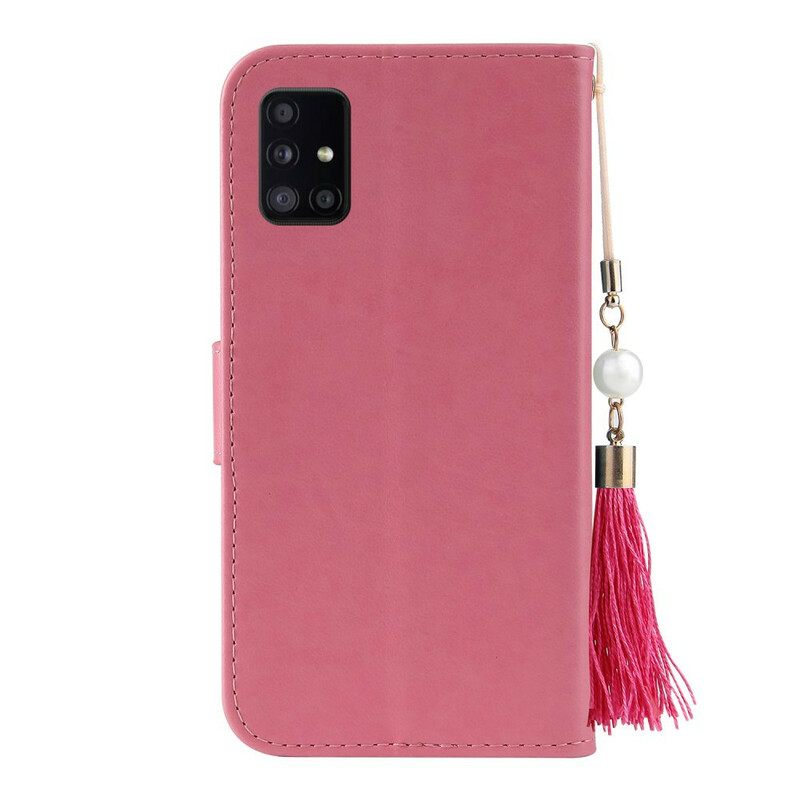 Flip Case Samsung Galaxy A51 5G Suojaketju Kuori Puu Ja Kissa Kaulahelmillä