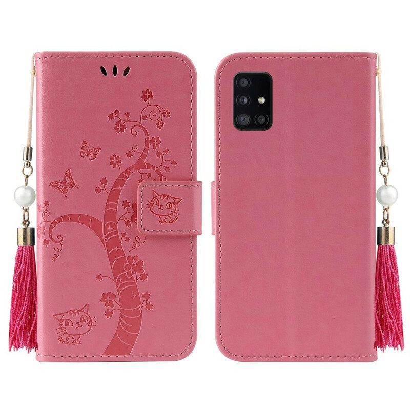 Flip Case Samsung Galaxy A51 5G Suojaketju Kuori Puu Ja Kissa Kaulahelmillä