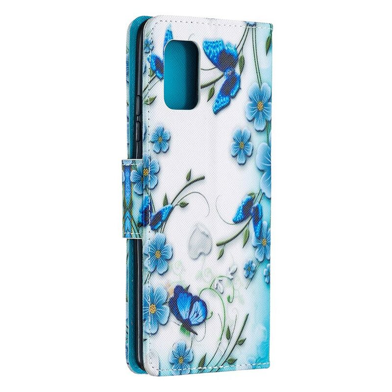 Flip Case Samsung Galaxy A51 5G Suojaketju Kuori Sinisiä Perhosia Ja Kukkia Hihnalla