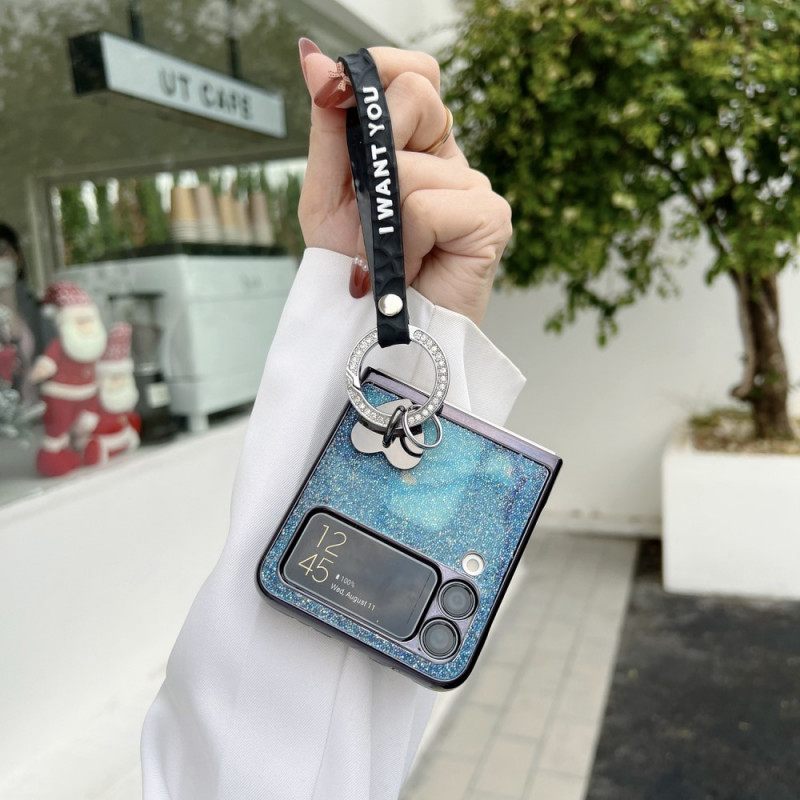 Kuori Samsung Galaxy Z Flip 3 5G Kotelot Flip Glitter Charms Ja Lanyard