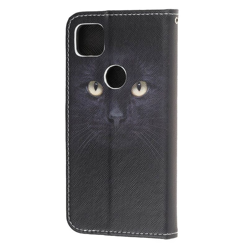 Flip Case Google Pixel 4a Suojaketju Kuori Black Cat Eyes Hihnalla