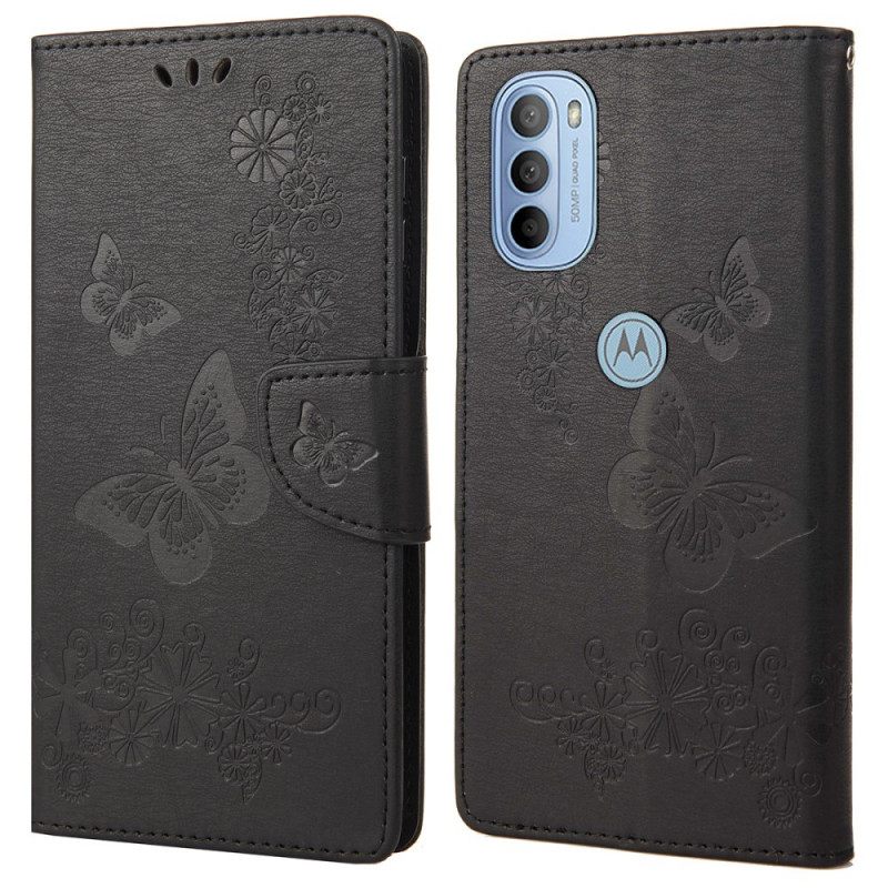 Nahkakotelo Moto G51 5G Suojaketju Kuori Splendid Butterflies Hihnalla