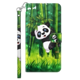 Nahkakotelo iPhone 15 Pro Suojaketju Kuori 3d Bamboo Panda Hihnalla