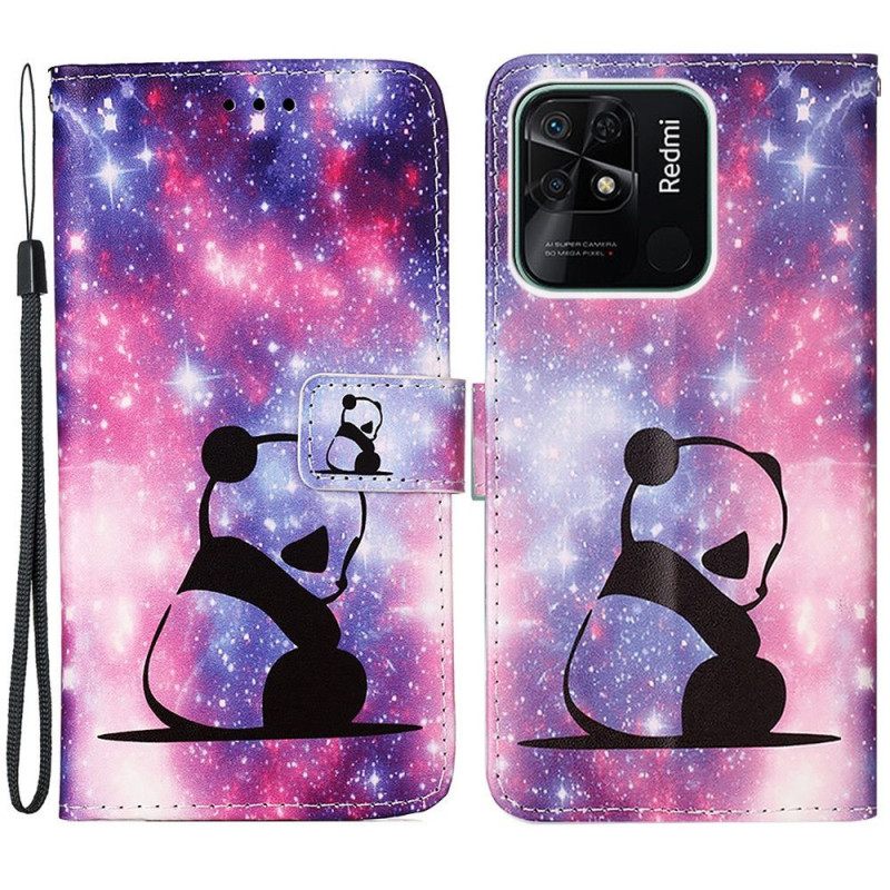 Flip Case Xiaomi Redmi 10C Suojaketju Kuori Panda Space Strap