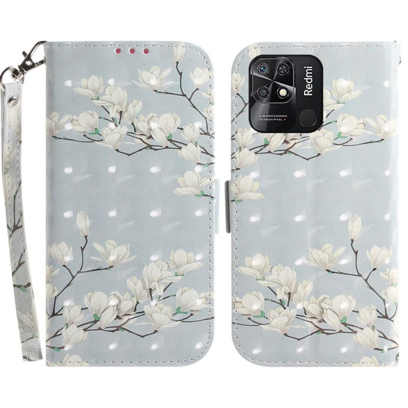 Kotelot Xiaomi Redmi 10C Suojaketju Kuori White Strap Flowers