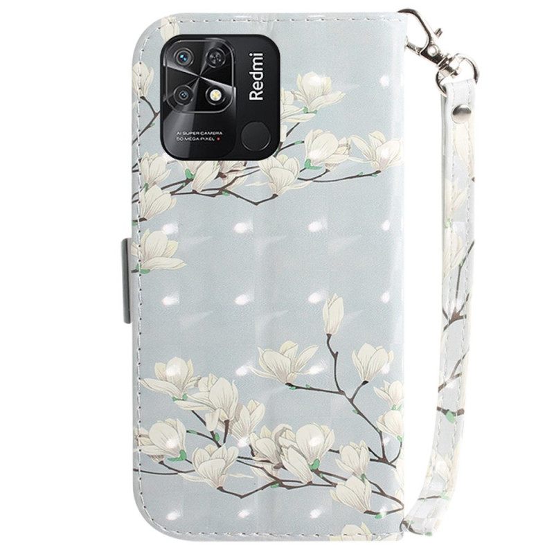 Kotelot Xiaomi Redmi 10C Suojaketju Kuori White Strap Flowers