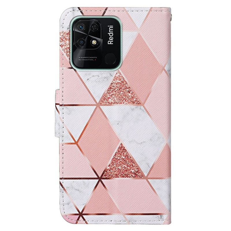 Nahkakotelo Xiaomi Redmi 10C Glitter Marble Kaulanauhalla