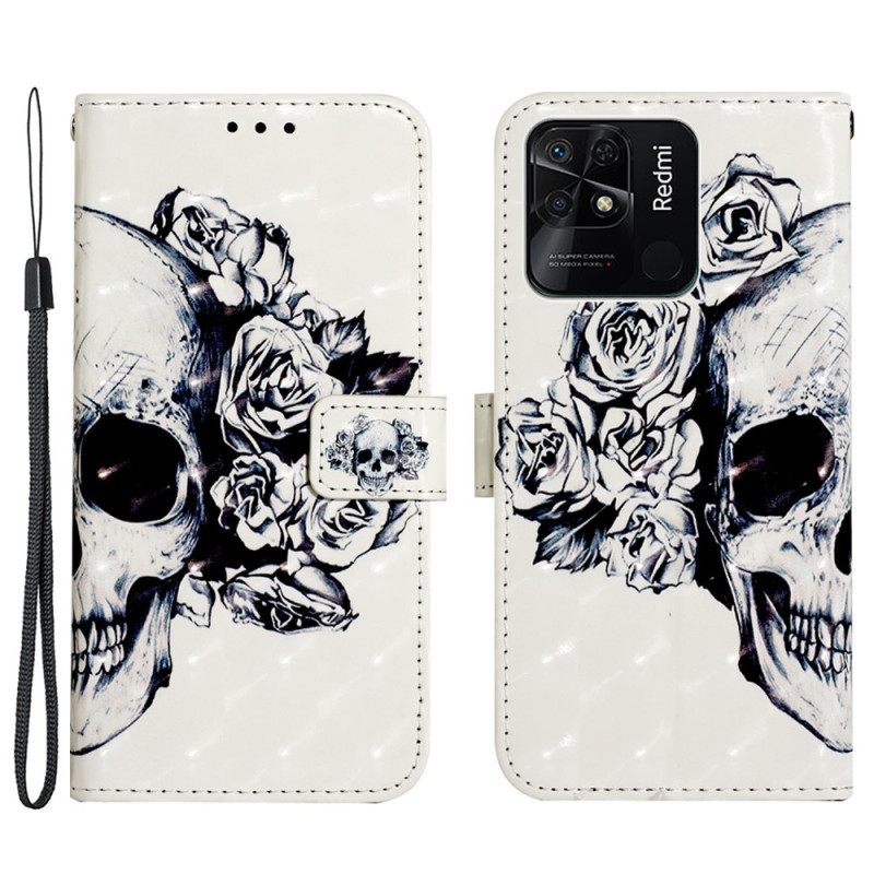 Nahkakotelo Xiaomi Redmi 10C Suojaketju Kuori Skull Hihnalla