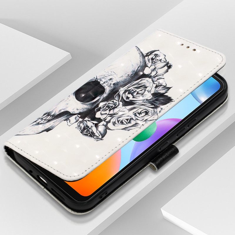 Nahkakotelo Xiaomi Redmi 10C Suojaketju Kuori Skull Hihnalla