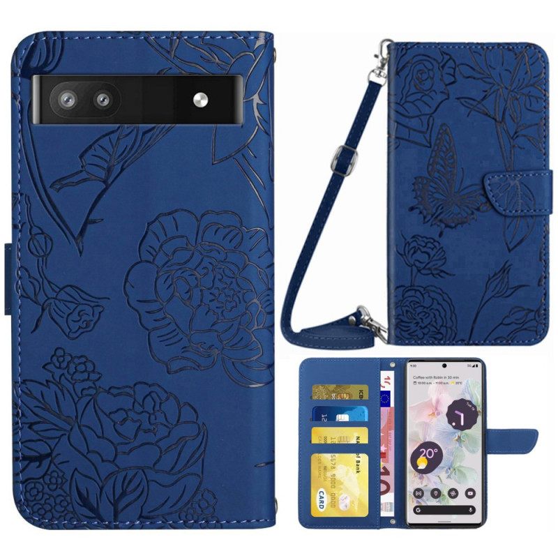 Flip Case Google Pixel 6A Perhoset Olkahihnalla