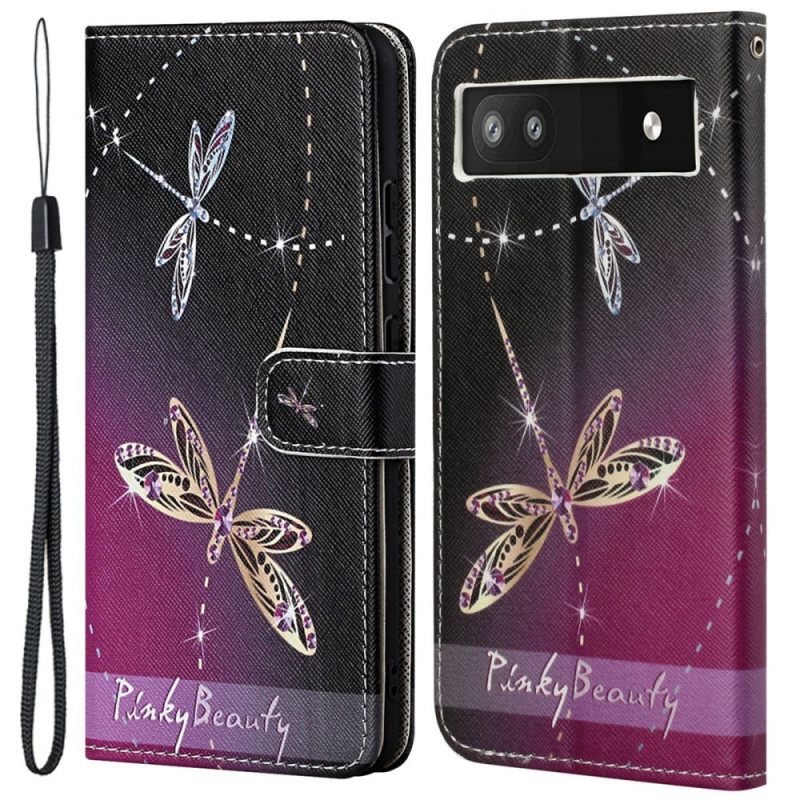 Flip Case Google Pixel 6A Suojaketju Kuori Strappy Dragonflies