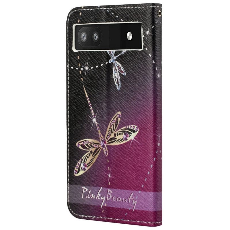 Flip Case Google Pixel 6A Suojaketju Kuori Strappy Dragonflies