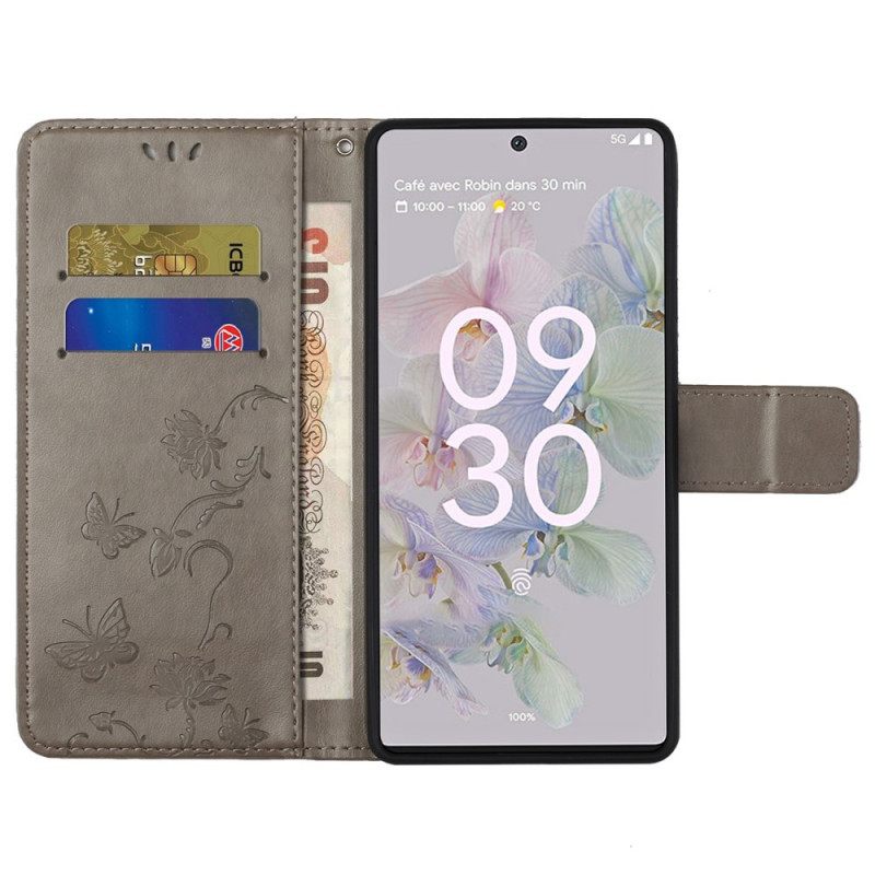 Kotelot Google Pixel 6A Suojaketju Kuori Flowers And Butterflies In Lanyard