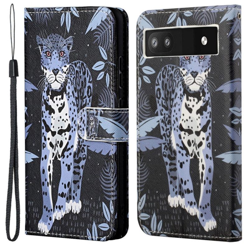 Nahkakotelo Google Pixel 6A Suojaketju Kuori Leopard Hihnalla