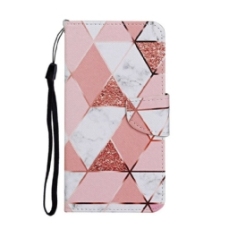 Flip Case Samsung Galaxy S20 FE Marble Ja Paljetteja Kaulanauhalla