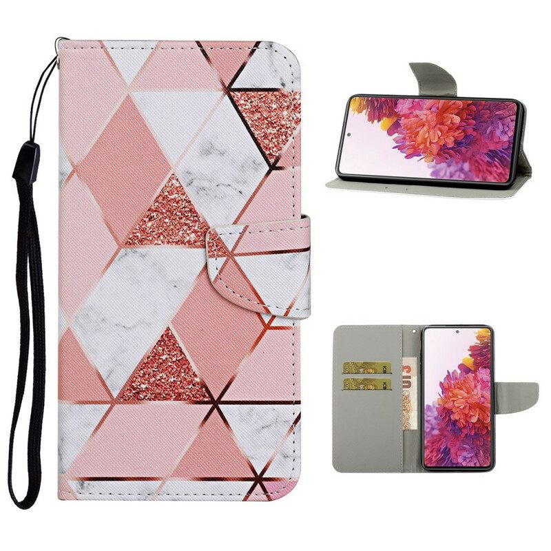 Flip Case Samsung Galaxy S20 FE Marble Ja Paljetteja Kaulanauhalla