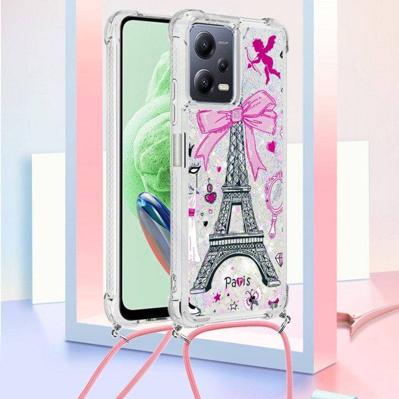 Case Poco X5 5G Kiristysnyörillä Eiffel-tornin Kimaltava Kiristysnyöri