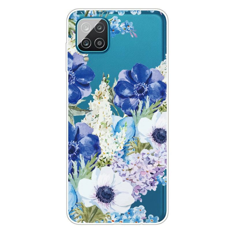 Case Samsung Galaxy A12 / M12 Saumaton Akvarelli Sininen Kukka